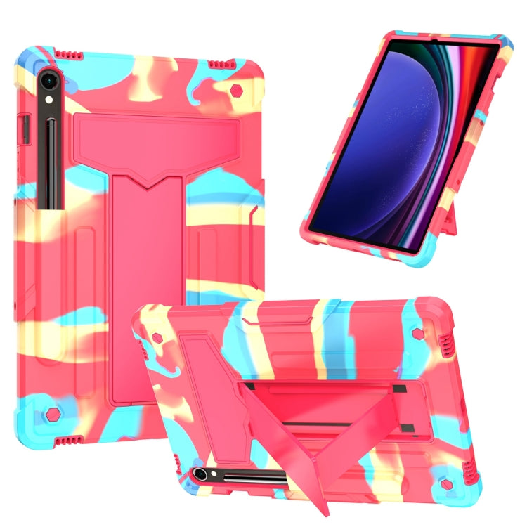 For Samsung Galaxy Tab S9 FE / S9 T Holder Robot Silicone Hybrid PC Tablet Case(Camouflage Rose Red) by bashfashion