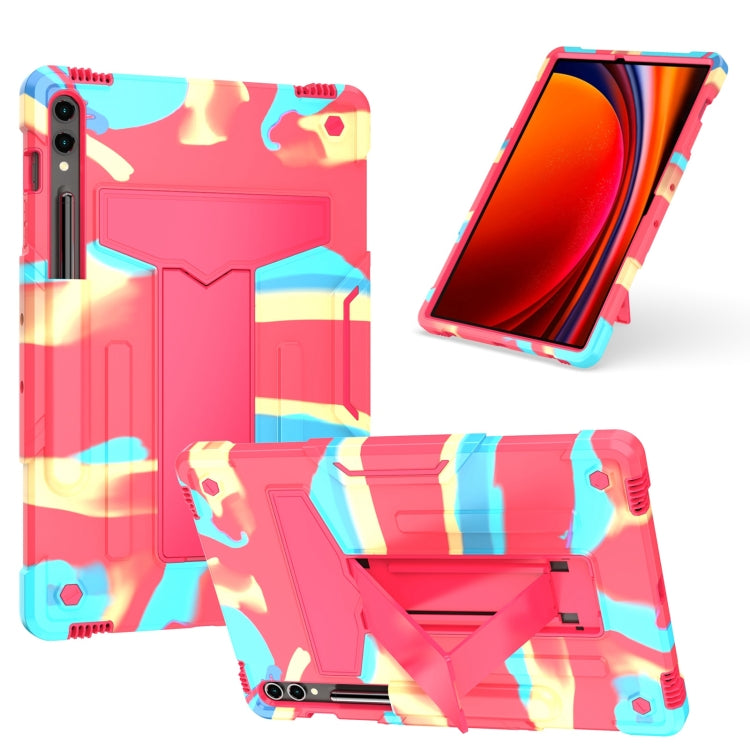 For Samsung Galaxy Tab S9 FE+ / S9+ T Holder Robot Silicone Hybrid PC Tablet Case(Camouflage Rose Red) by bashfashion