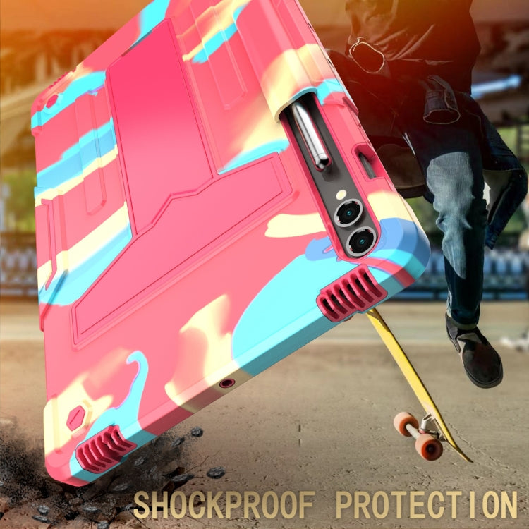 For Samsung Galaxy Tab S9 FE+ / S9+ T Holder Robot Silicone Hybrid PC Tablet Case(Camouflage Rose Red) by bashfashion