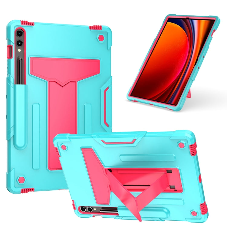 For Samsung Galaxy Tab S9 FE+ / S9+ T Holder Robot Silicone Hybrid PC Tablet Case(Mint Rose Red) by bashfashion