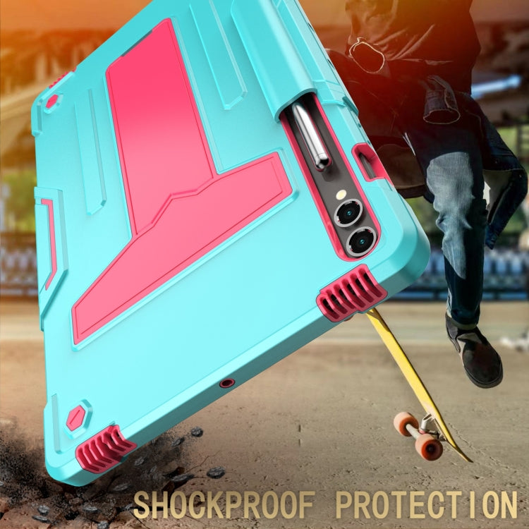 For Samsung Galaxy Tab S9 FE+ / S9+ T Holder Robot Silicone Hybrid PC Tablet Case(Mint Rose Red) by bashfashion