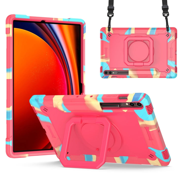 For Samsung Galaxy Tab S9 FE+ / S9+ Handle Robot Silicone Hybrid PC Tablet Case(Camouflage Rose Red) by bashfashion