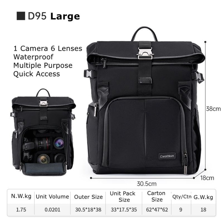 Cwatcun D95 Large Capacity Photography Backpack Shoulders Laptop Camera Bag, Size:30.5 x 18 x 38cm(Dark Black) by Cwatcun