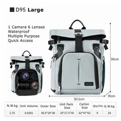 Cwatcun D95 Large Capacity Photography Backpack Shoulders Laptop Camera Bag, Size:30.5 x 18 x 38cm(Silver Grey) by Cwatcun