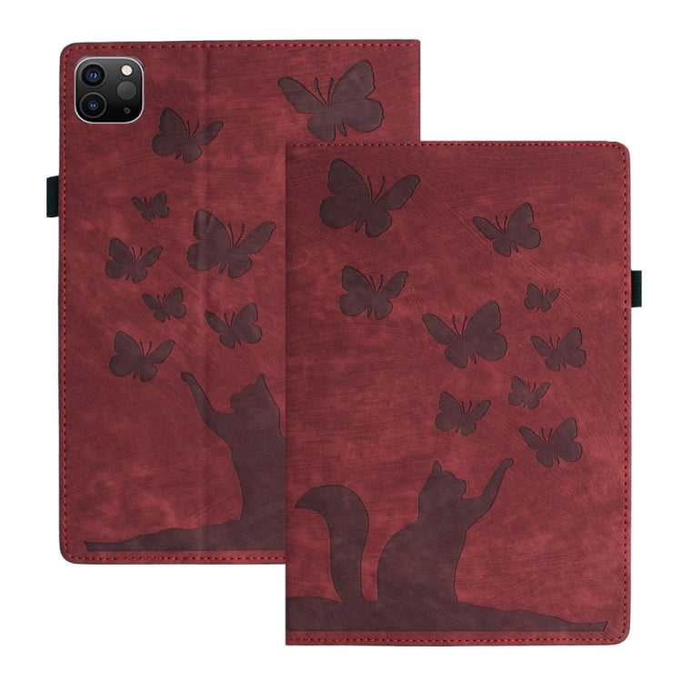 For iPad Air 13 2024 / Air 13 2025 Butterfly Cat Embossing Leather Tablet Case(Red) by bashfashion