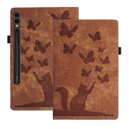For Samsung Galaxy Tab S9 FE+ / S9+ / S8+ Butterfly Cat Embossing Leather Tablet Case(Brown) by bashfashion