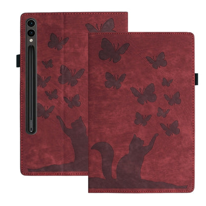 For Samsung Galaxy Tab S9 FE+ / S9+ / S8+ Butterfly Cat Embossing Leather Tablet Case(Red) by bashfashion