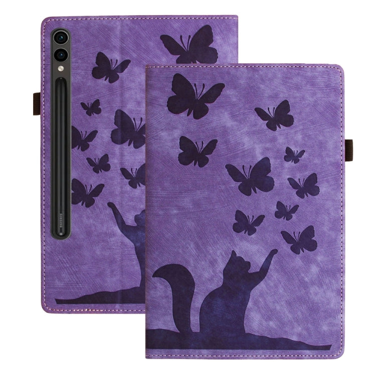 For Samsung Galaxy Tab S9 Ultra / S8 Ultra Butterfly Cat Embossing Leather Tablet Case(Purple) by bashfashion