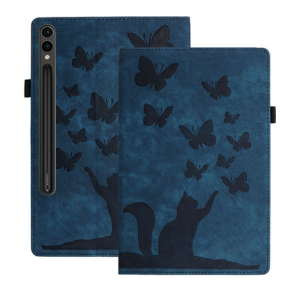 For Samsung Galaxy Tab S9 Ultra / S8 Ultra Butterfly Cat Embossing Leather Tablet Case(Dark Blue) by bashfashion