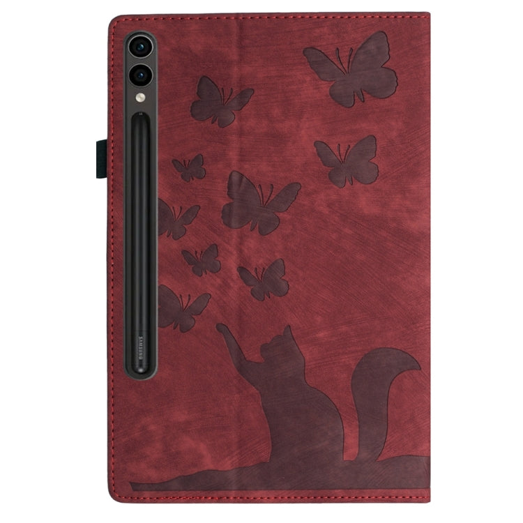 For Samsung Galaxy Tab S9 Ultra / S8 Ultra Butterfly Cat Embossing Leather Tablet Case(Red) by bashfashion