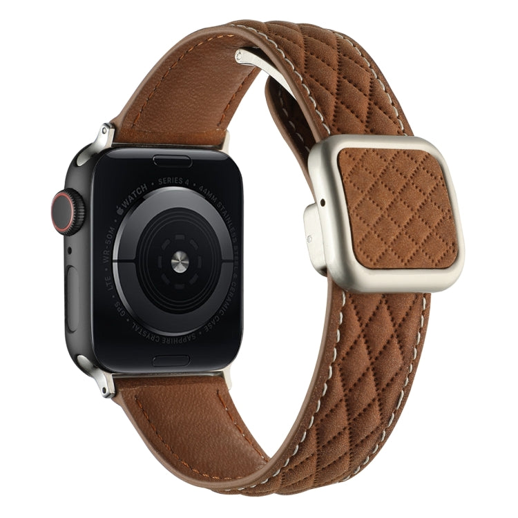 For Apple Watch SE 2023 44mm Rhombus Pattern Magnetic Square Buckle Leather Watch Band(Dark Brown) by bashfashion