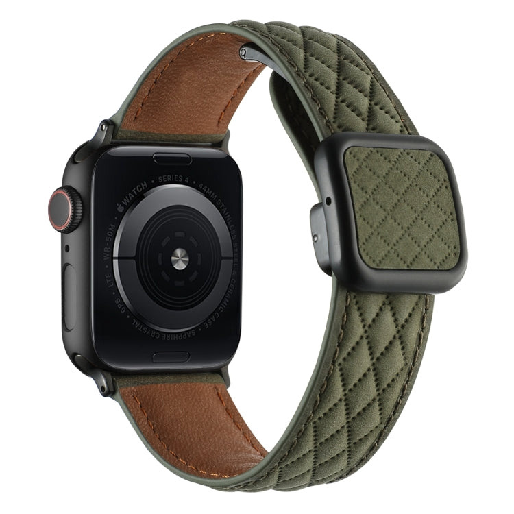 For Apple Watch Ultra 2 49mm Rhombus Pattern Magnetic Square Buckle Leather Watch Band(Army Green) by bashfashion
