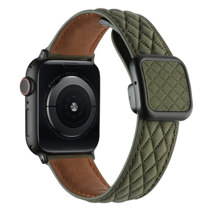 For Apple Watch Ultra 2 49mm Rhombus Pattern Magnetic Square Buckle Leather Watch Band(Army Green) by bashfashion