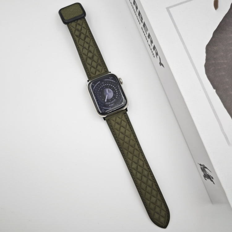 For Apple Watch Ultra 2 49mm Rhombus Pattern Magnetic Square Buckle Leather Watch Band(Army Green) by bashfashion