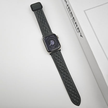 For Apple Watch Series 9 41mm Rhombus Pattern Magnetic Square Buckle Leather Watch Band(Dark Green) by bashfashion