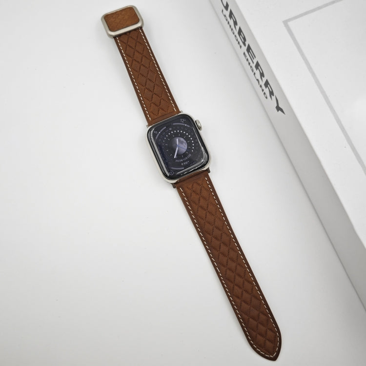 For Apple Watch Series 9 41mm Rhombus Pattern Magnetic Square Buckle Leather Watch Band(Dark Brown) by bashfashion
