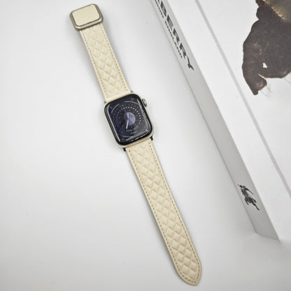 For Apple Watch Series 8 45mm Rhombus Pattern Magnetic Square Buckle Leather Watch Band(Creamy White) by bashfashion