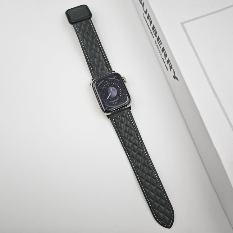 For Apple Watch Series 8 45mm Rhombus Pattern Magnetic Square Buckle Leather Watch Band(Dark Green) by bashfashion
