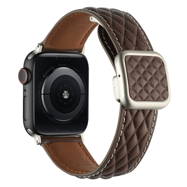 For Apple Watch SE 44mm Rhombus Pattern Magnetic Square Buckle Leather Watch Band(Dark Coffee) by bashfashion