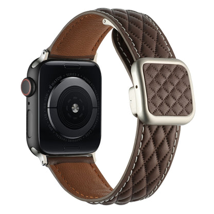 For Apple Watch SE 44mm Rhombus Pattern Magnetic Square Buckle Leather Watch Band(Dark Coffee) by bashfashion