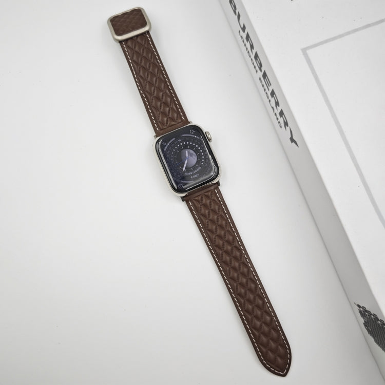 For Apple Watch SE 44mm Rhombus Pattern Magnetic Square Buckle Leather Watch Band(Dark Coffee) by bashfashion