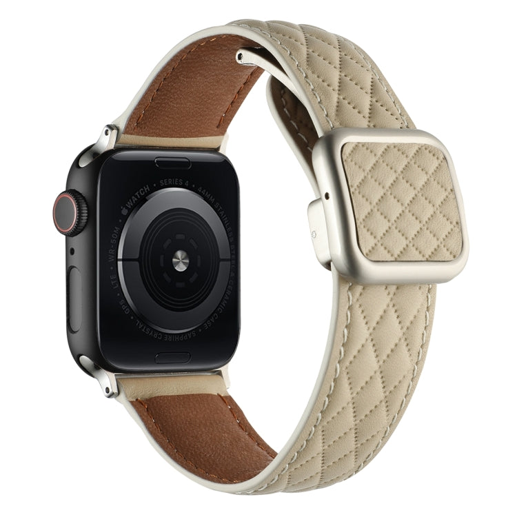 For Apple Watch SE 44mm Rhombus Pattern Magnetic Square Buckle Leather Watch Band(Starlight Color) by bashfashion