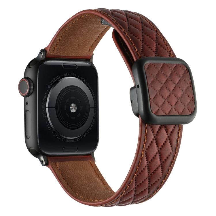 For Apple Watch SE 44mm Rhombus Pattern Magnetic Square Buckle Leather Watch Band(Red) by bashfashion