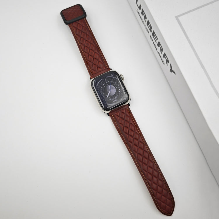 For Apple Watch SE 44mm Rhombus Pattern Magnetic Square Buckle Leather Watch Band(Red) by bashfashion