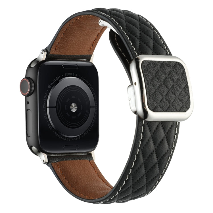 For Apple Watch Series 5 40mm Rhombus Pattern Magnetic Square Buckle Leather Watch Band(Black) by bashfashion