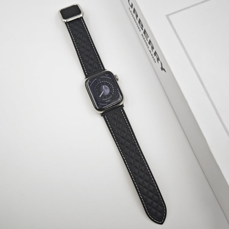 For Apple Watch Series 5 40mm Rhombus Pattern Magnetic Square Buckle Leather Watch Band(Black) by bashfashion