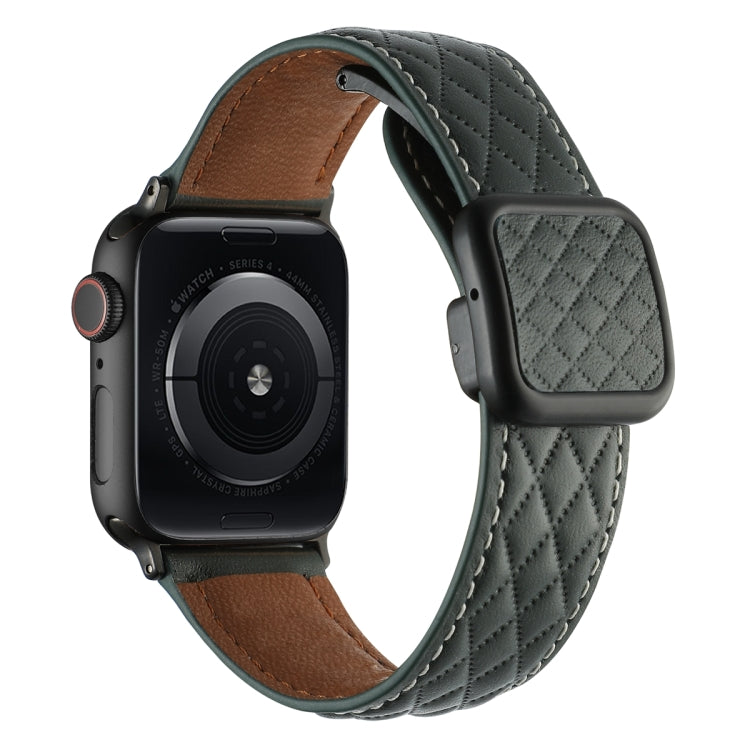 For Apple Watch 42mm Rhombus Pattern Magnetic Square Buckle Leather Watch Band(Dark Green) by bashfashion