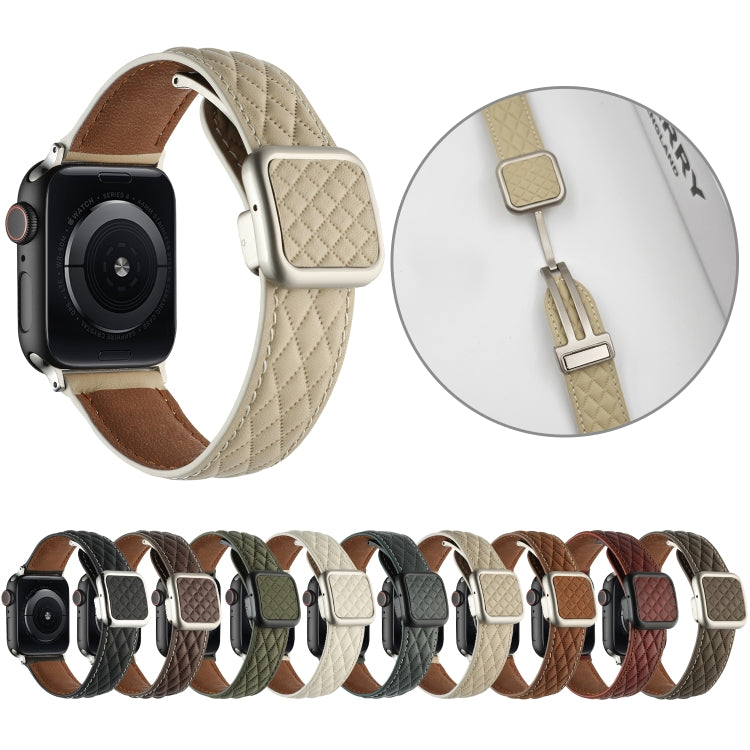 For Apple Watch SE 2022 44mm Rhombus Pattern Magnetic Square Buckle Leather Watch Band(Brown) by bashfashion
