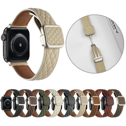 For Apple Watch Series 8 45mm Rhombus Pattern Magnetic Square Buckle Leather Watch Band(Army Green) by bashfashion