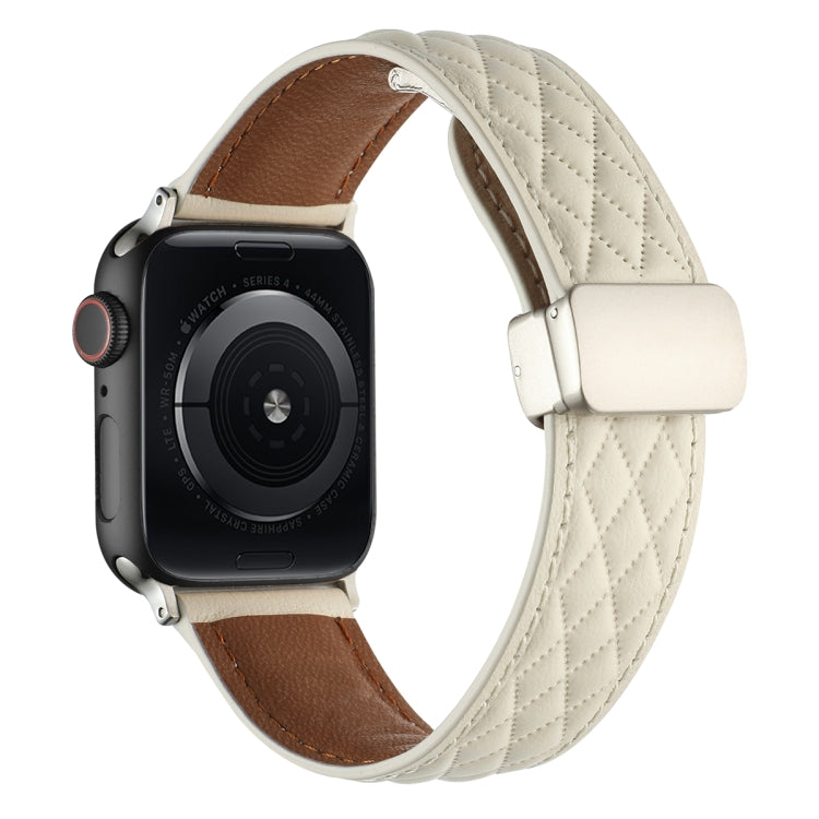 For Apple Watch Ultra 2 49mm Rhombus Pattern Magnetic Folding Buckle Leather Watch Band(Creamy White) by bashfashion