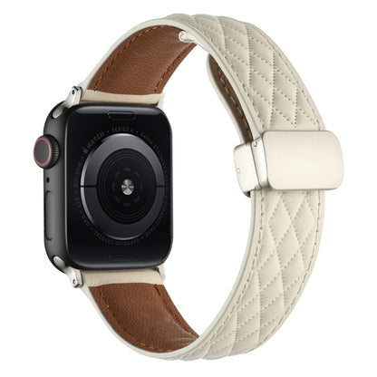 For Apple Watch Ultra 2 49mm Rhombus Pattern Magnetic Folding Buckle Leather Watch Band(Creamy White) by bashfashion