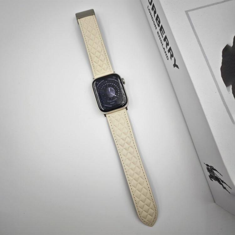 For Apple Watch Ultra 2 49mm Rhombus Pattern Magnetic Folding Buckle Leather Watch Band(Creamy White) by bashfashion