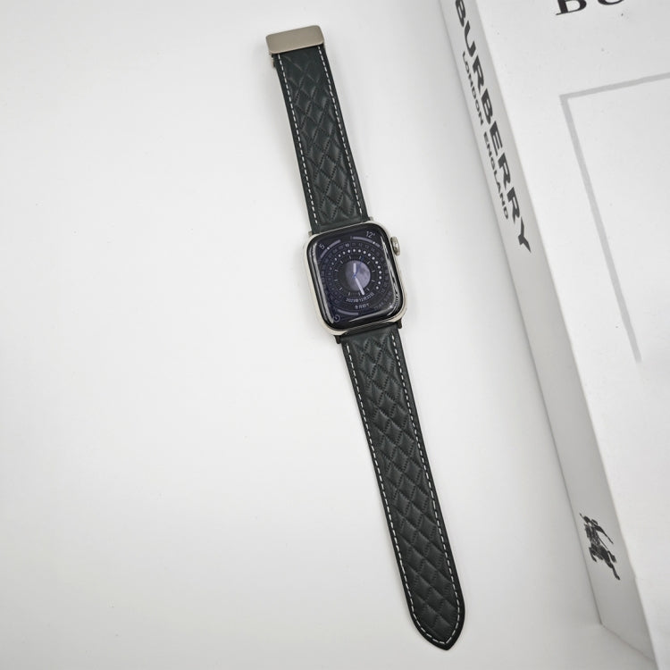 For Apple Watch Ultra 2 49mm Rhombus Pattern Magnetic Folding Buckle Leather Watch Band(Dark Green) by bashfashion