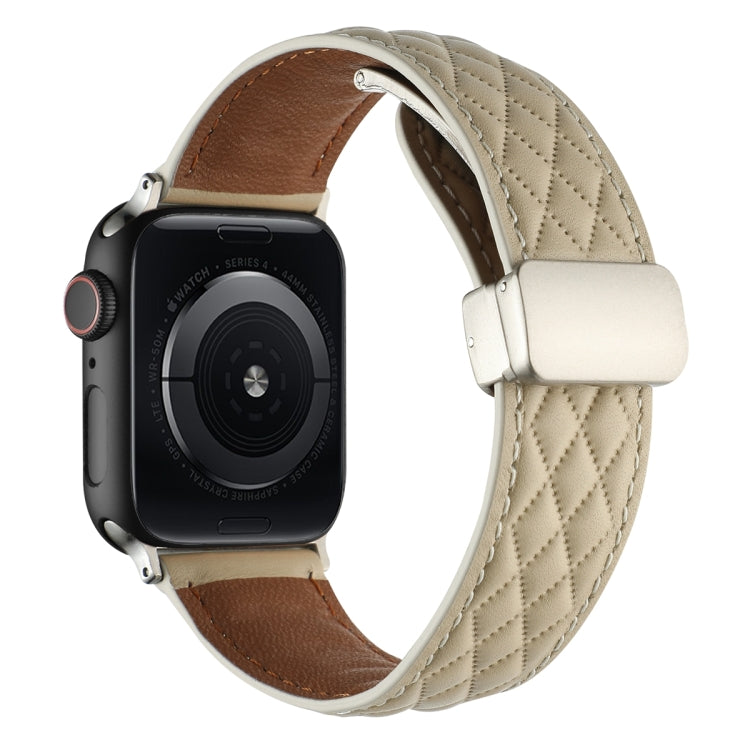 For Apple Watch Ultra 2 49mm Rhombus Pattern Magnetic Folding Buckle Leather Watch Band(Starlight Color) by bashfashion
