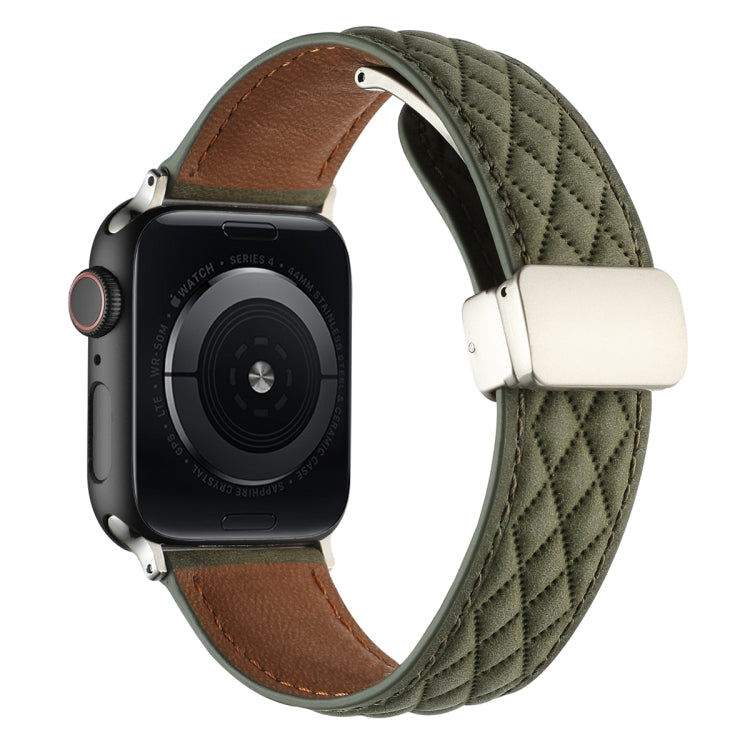 For Apple Watch Series 9 45mm Rhombus Pattern Magnetic Folding Buckle Leather Watch Band(Army Green) by bashfashion