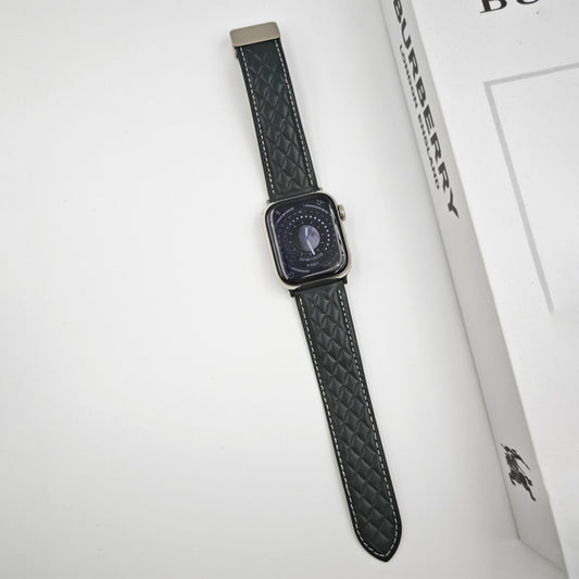 For Apple Watch Series 9 45mm Rhombus Pattern Magnetic Folding Buckle Leather Watch Band(Dark Green) by bashfashion