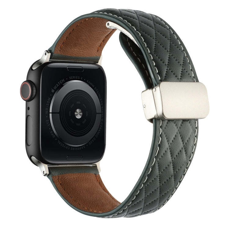 For Apple Watch Series 9 41mm Rhombus Pattern Magnetic Folding Buckle Leather Watch Band(Dark Green) by bashfashion