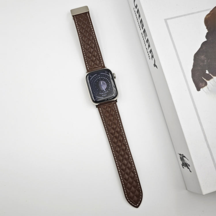 For Apple Watch Series 8 41mm Rhombus Pattern Magnetic Folding Buckle Leather Watch Band(Dark Coffee) by bashfashion