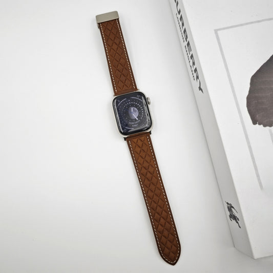 For Apple Watch Series 8 41mm Rhombus Pattern Magnetic Folding Buckle Leather Watch Band(Dark Brown) by bashfashion