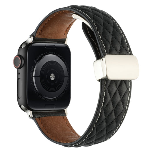 For Apple Watch SE 2022 44mm Rhombus Pattern Magnetic Folding Buckle Leather Watch Band(Black) by bashfashion