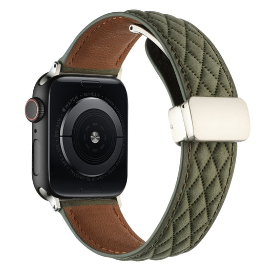 For Apple Watch SE 2022 44mm Rhombus Pattern Magnetic Folding Buckle Leather Watch Band(Army Green) by bashfashion