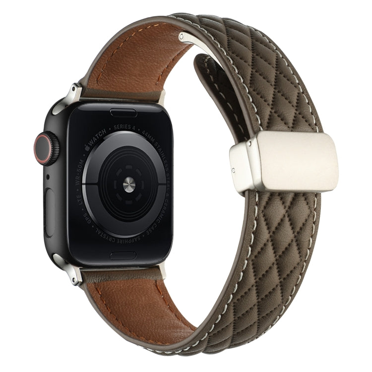 For Apple Watch SE 2022 44mm Rhombus Pattern Magnetic Folding Buckle Leather Watch Band(Brown) by bashfashion