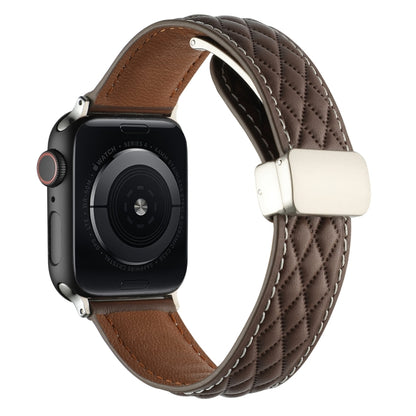 For Apple Watch Series 7 41mm Rhombus Pattern Magnetic Folding Buckle Leather Watch Band(Dark Coffee) by bashfashion
