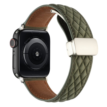 For Apple Watch Series 7 41mm Rhombus Pattern Magnetic Folding Buckle Leather Watch Band(Army Green) by bashfashion