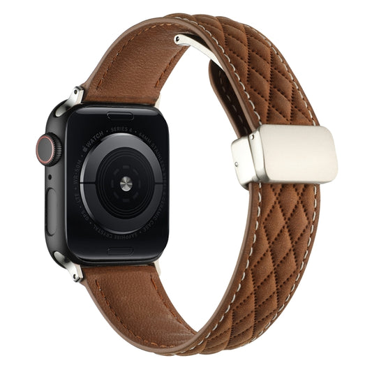 For Apple Watch SE 44mm Rhombus Pattern Magnetic Folding Buckle Leather Watch Band(Dark Brown) by bashfashion