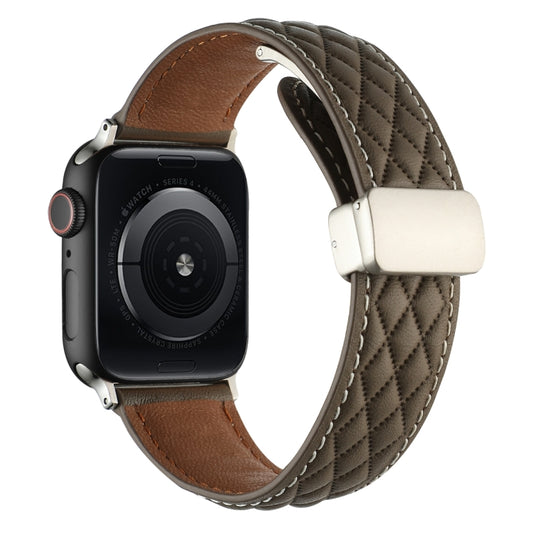 For Apple Watch SE 44mm Rhombus Pattern Magnetic Folding Buckle Leather Watch Band(Brown) by bashfashion